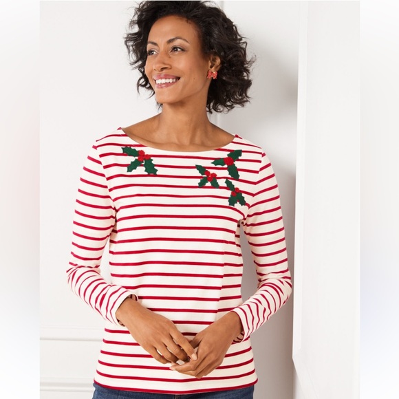 Talbots Tops - Talbots Striped Red and White Holly Berry Top